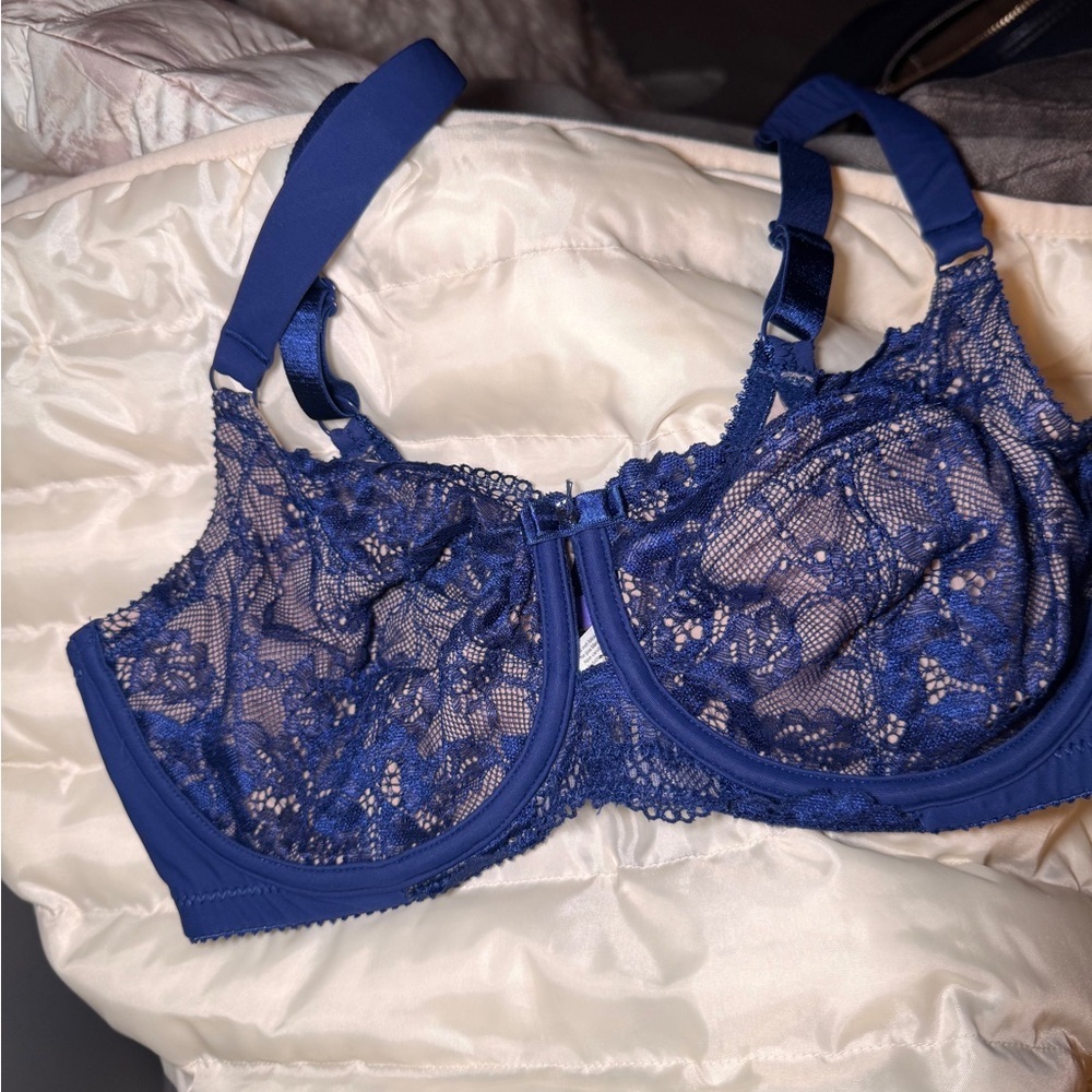 Parfait 38D Royal Blue Lace Underwire Bra Sheer Unlined